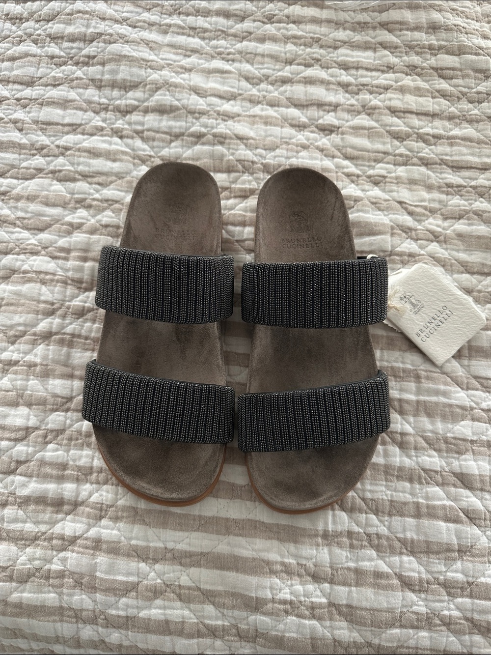 Brunello Cucinelli Black Beaded Double-Strap Slides with Brown Sole